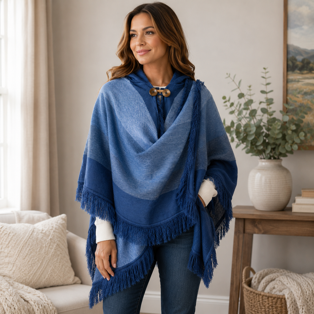 Alpaca Hooded Poncho - Royal Blue Fringe