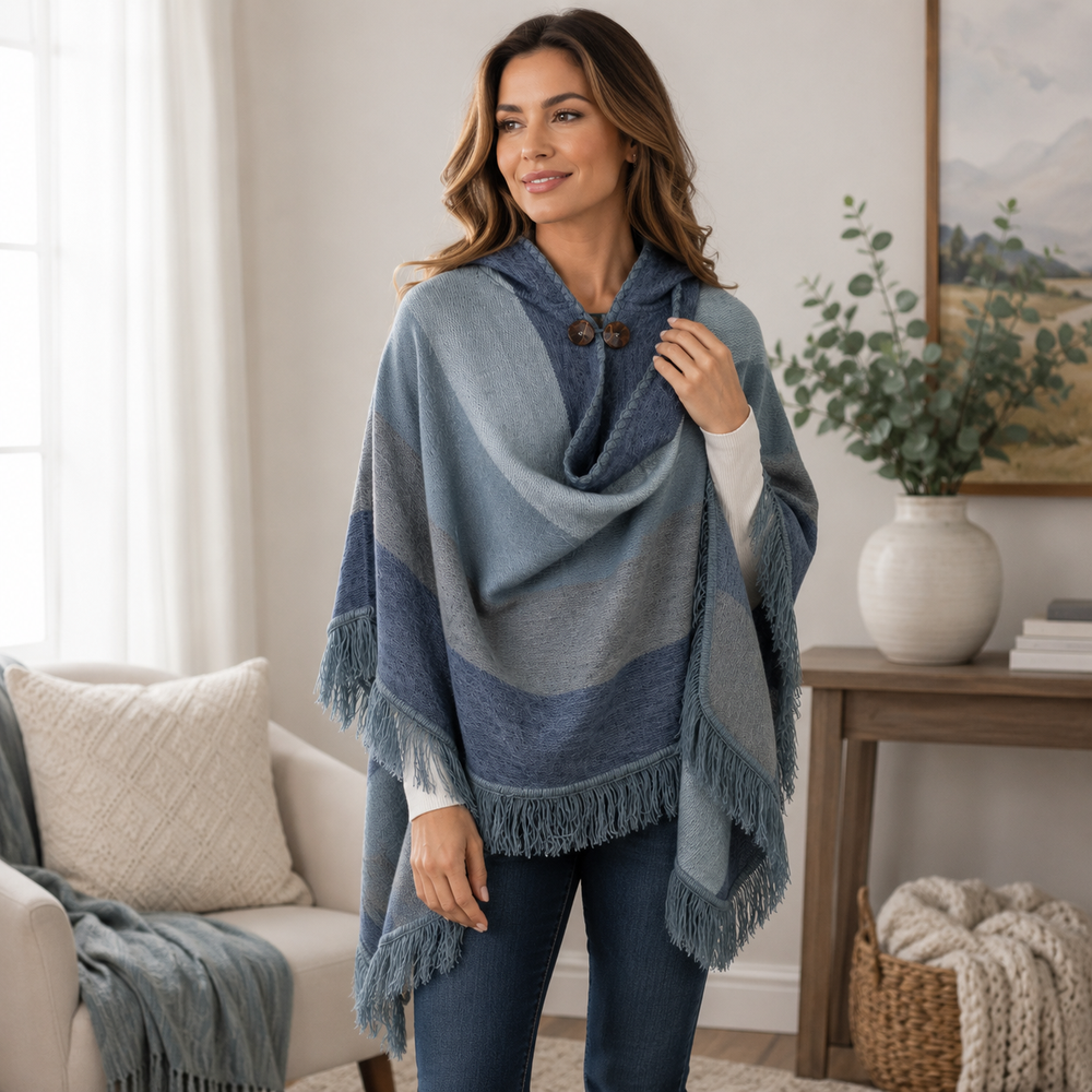 Alpaca Hooded Poncho - Steel Blue Fringe