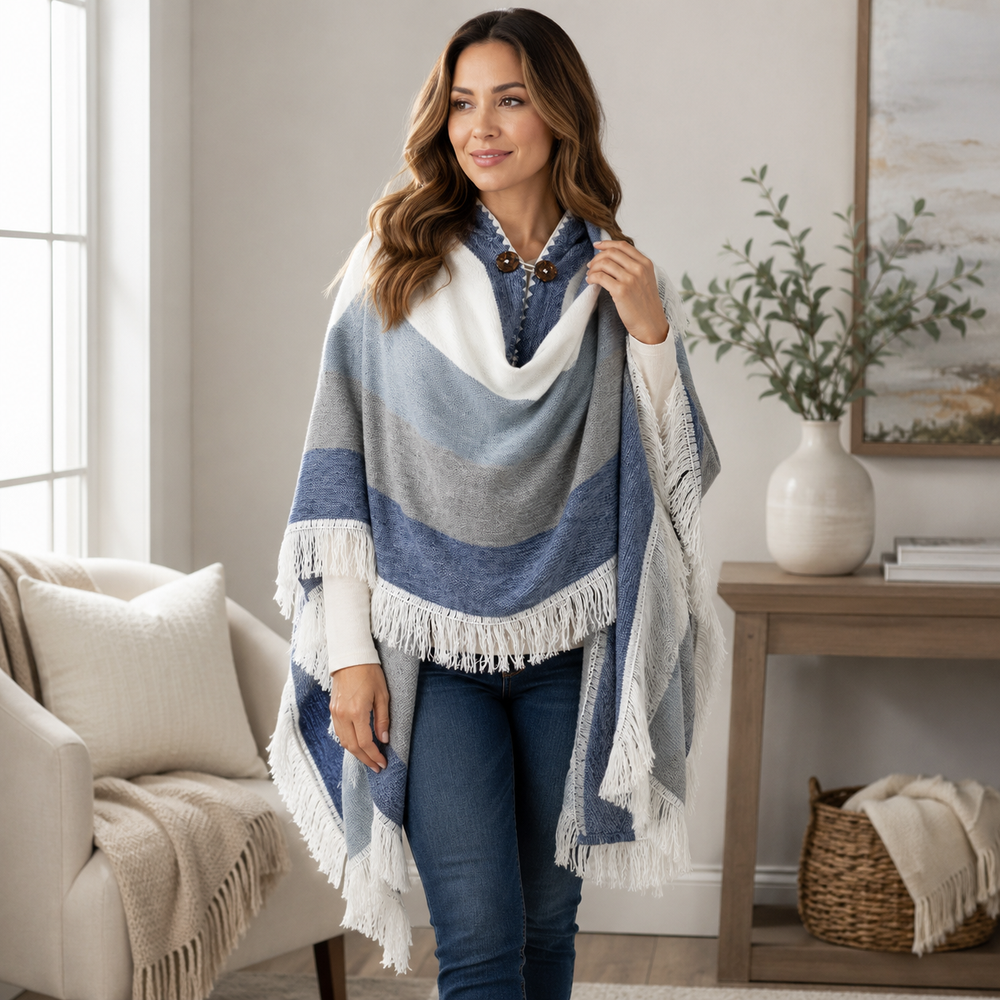 Alpaca Hooded Poncho - Blue White Fringe