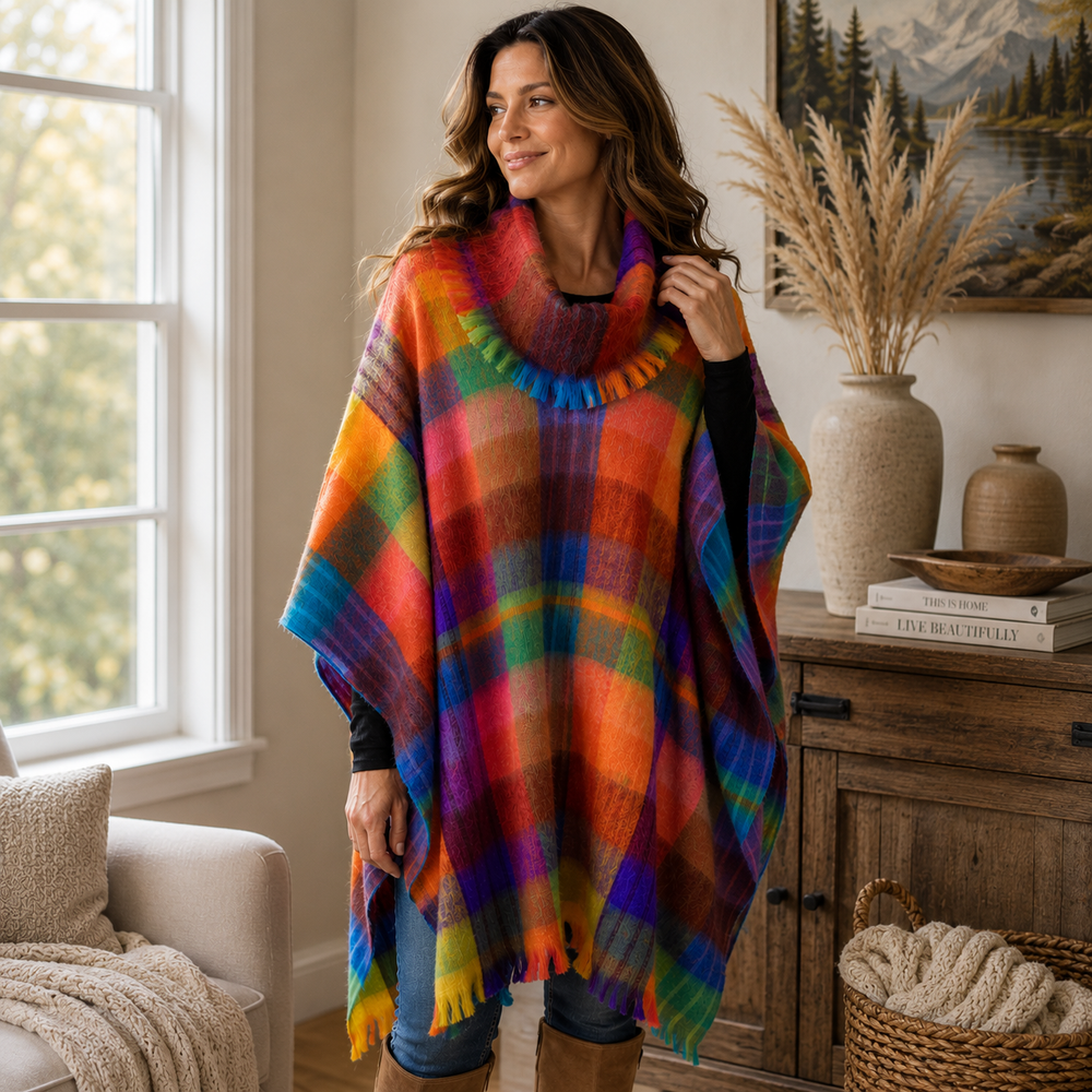 Alpaca Turtleneck Poncho - Rainbow