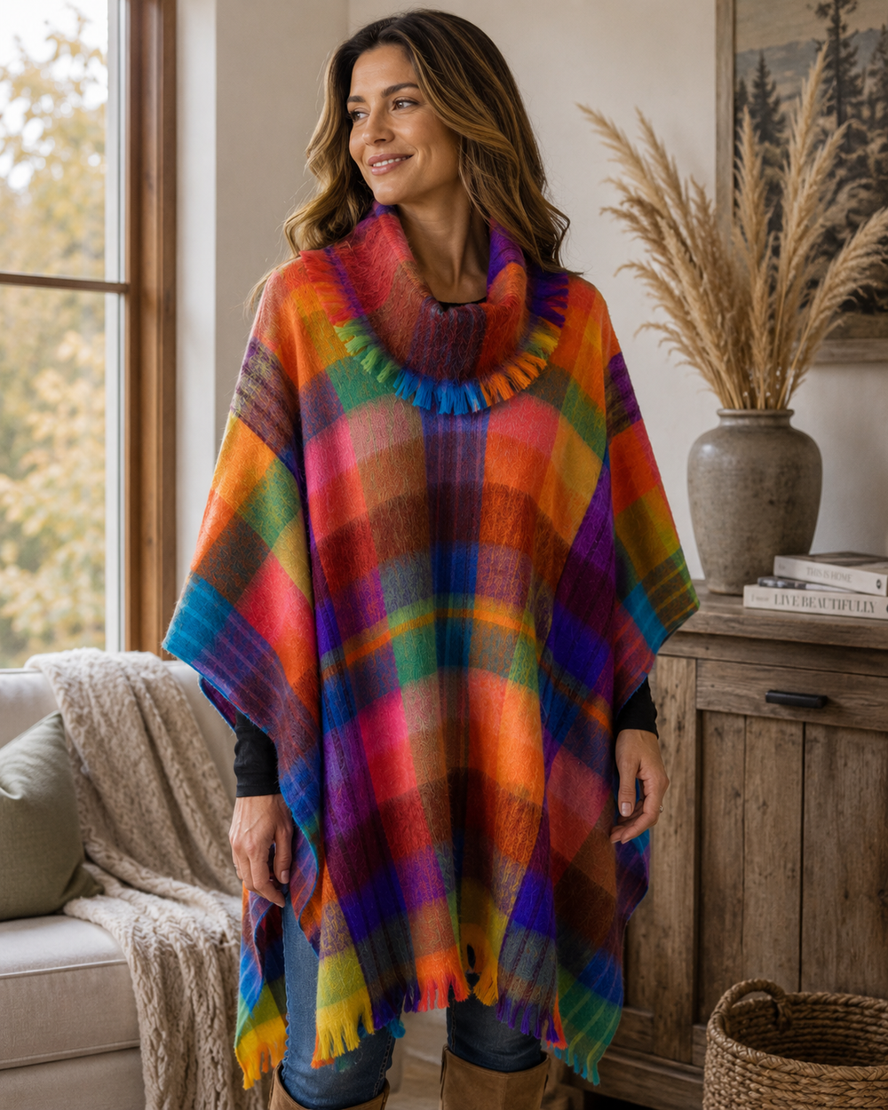 Alpaca Turtleneck Poncho - Rainbow