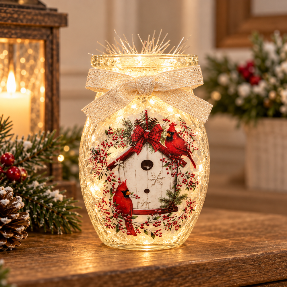 Stony_Creek_Cardinals_on_Birdhouse_Pre-Lit_Small_Jar