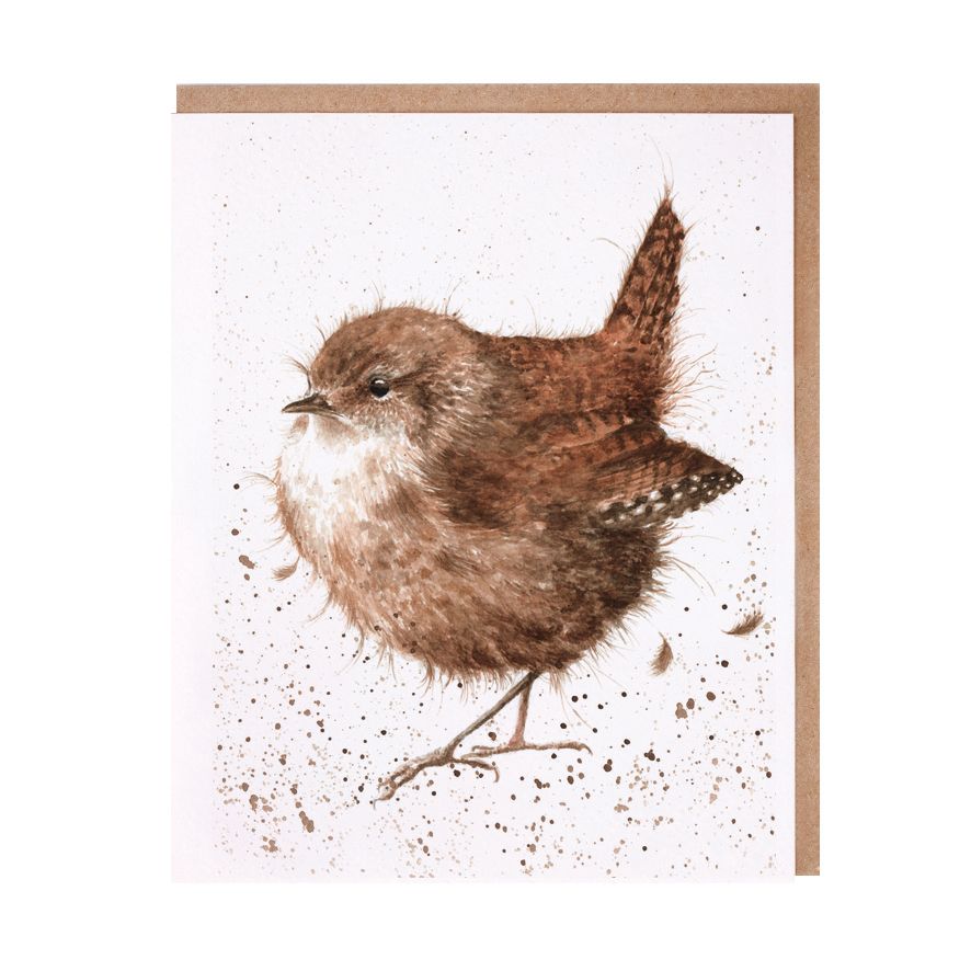 Illustration of a small brown bird, resembling a wren, with fluffed feathers and speckled background. The bird conveys a sense of warmth and charm.