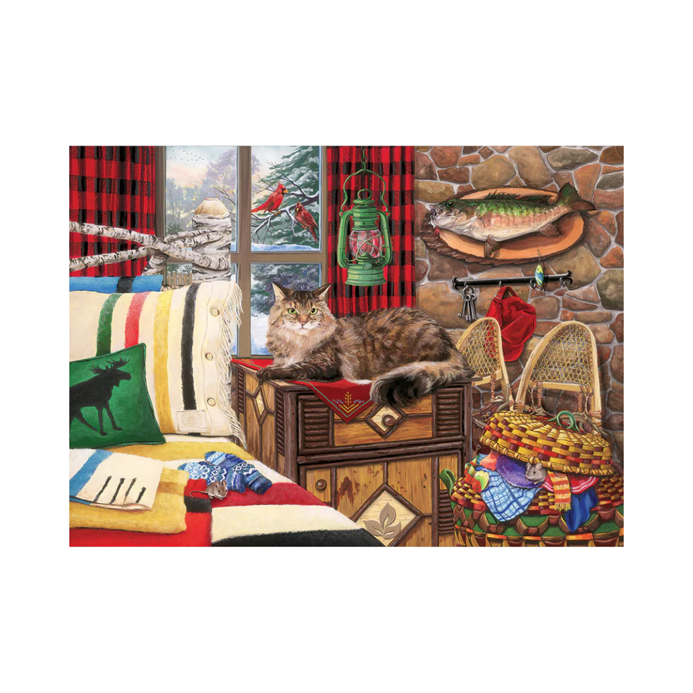 Cozy room with a tabby cat on a rustic dresser. Snowy window view of cardinals, plaid curtains, vintage decor, and a moose-themed blanket. Warm, cabin vibe.