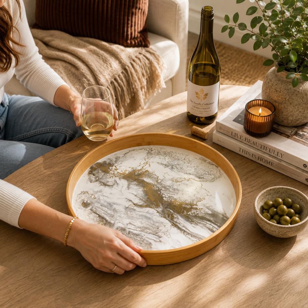 Round Bamboo Tray Gold Quartz by Lynn & Liana