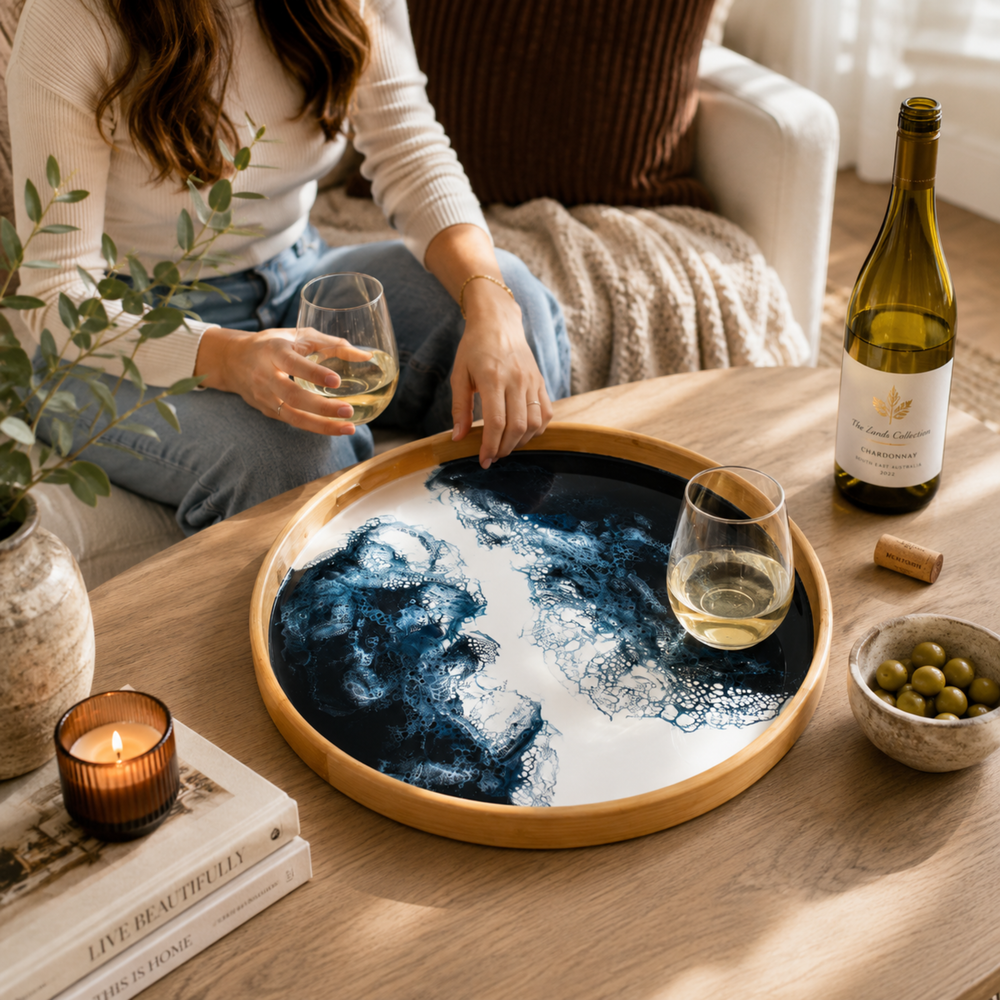 Round Bamboo Tray Navy White Metallic by Lynn & Liana