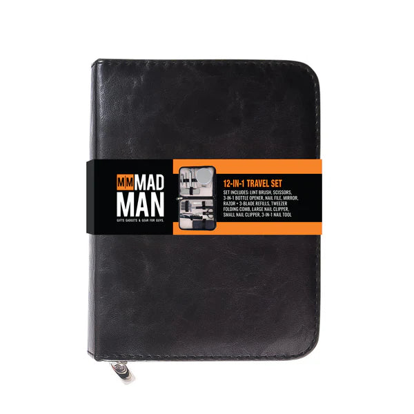Black travel set with 'Mad Man' branding on a white background