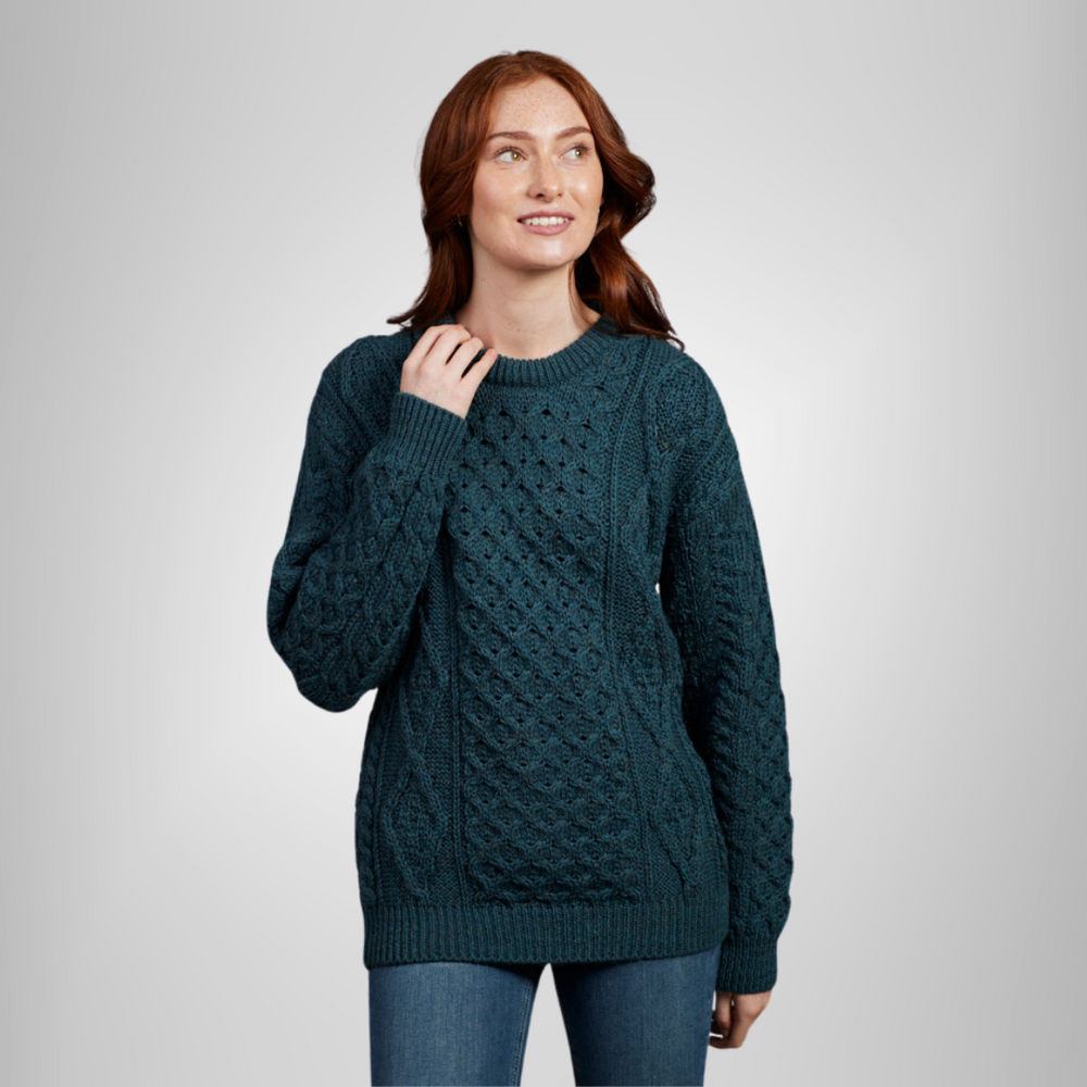 Aran Wool Crew Neck Sweater - Mallard (B392 925)