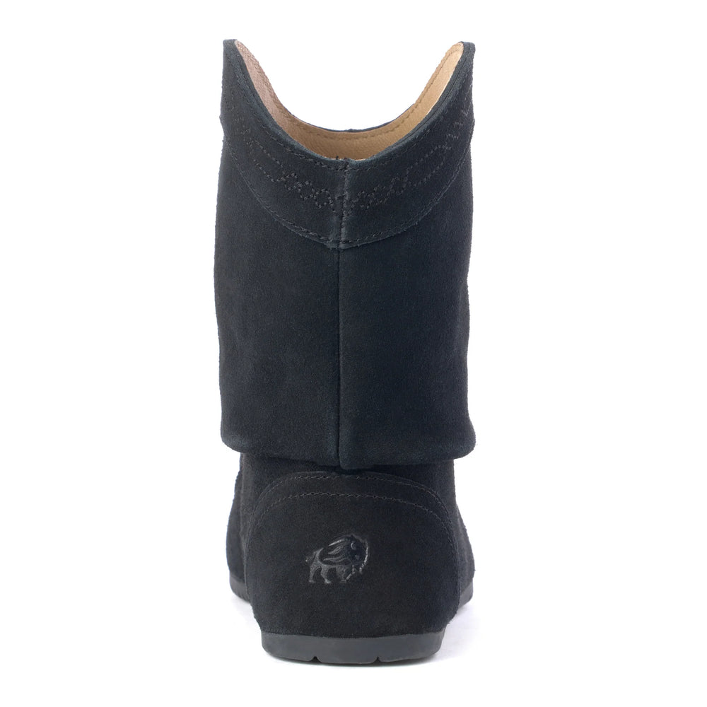 Black boot with a brand logo on a white background