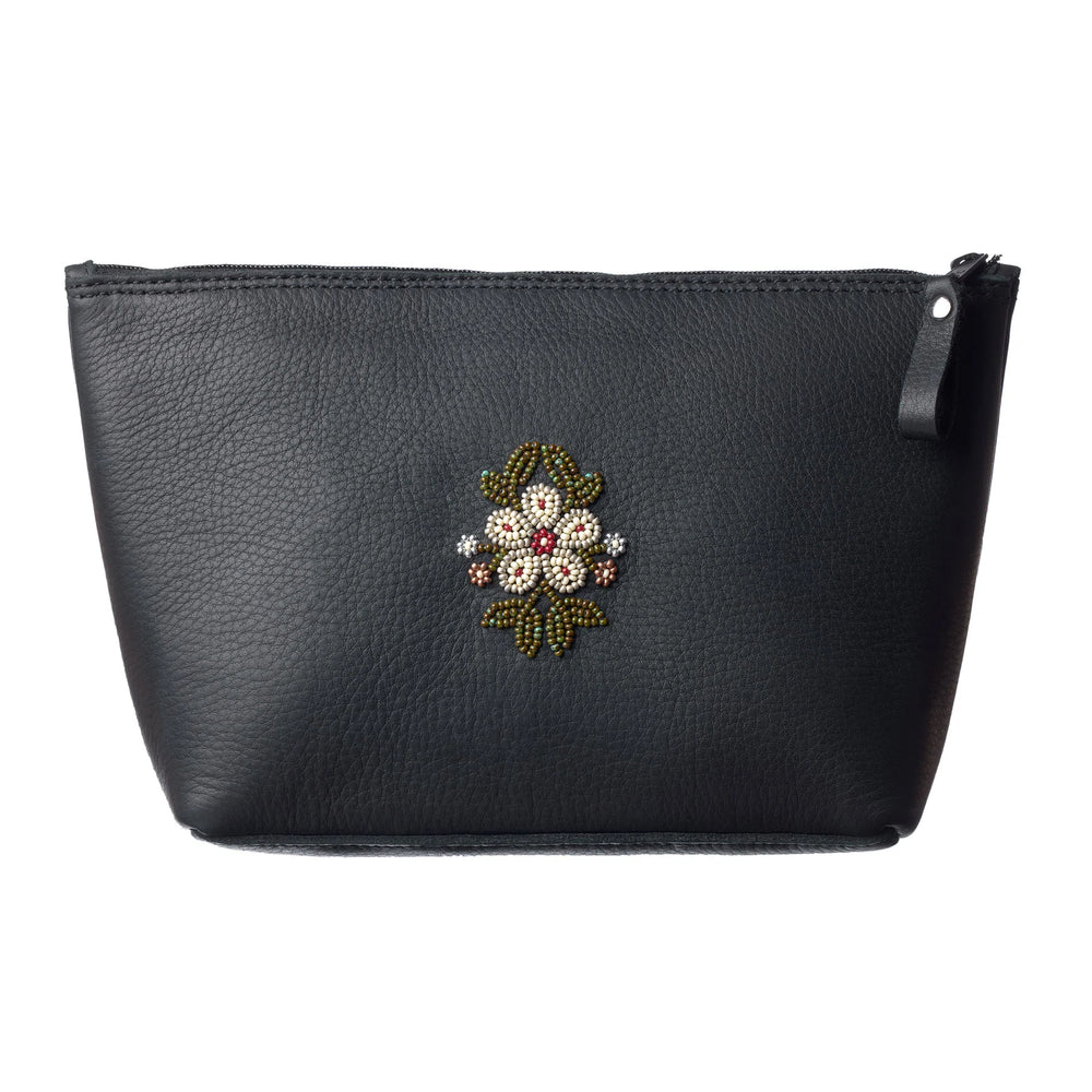 Black leather pouch with a zipper, featuring a colorful floral bead design at the center.