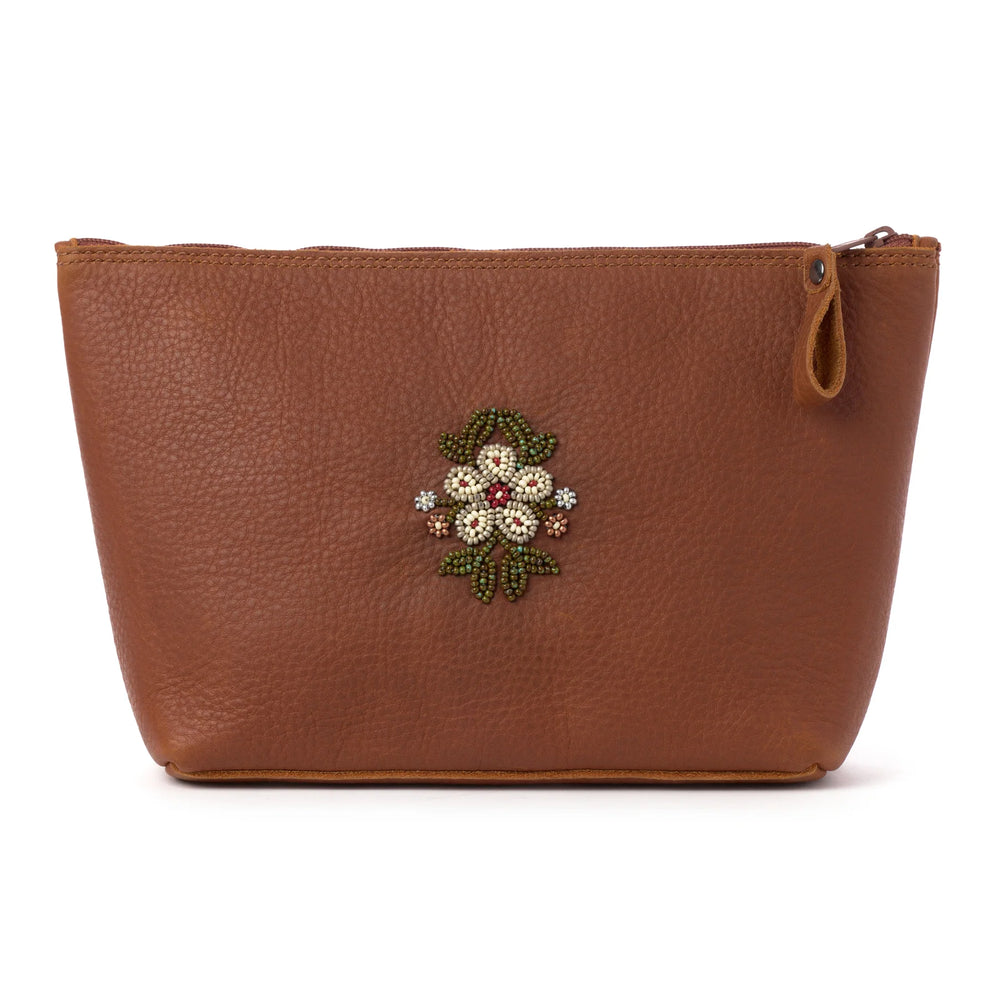 Tabacco leather pouch with a zipper, featuring a colorful floral bead design at the center.