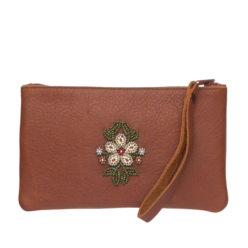Manitobah Floret Beaded Wristlet Bag Tobacco