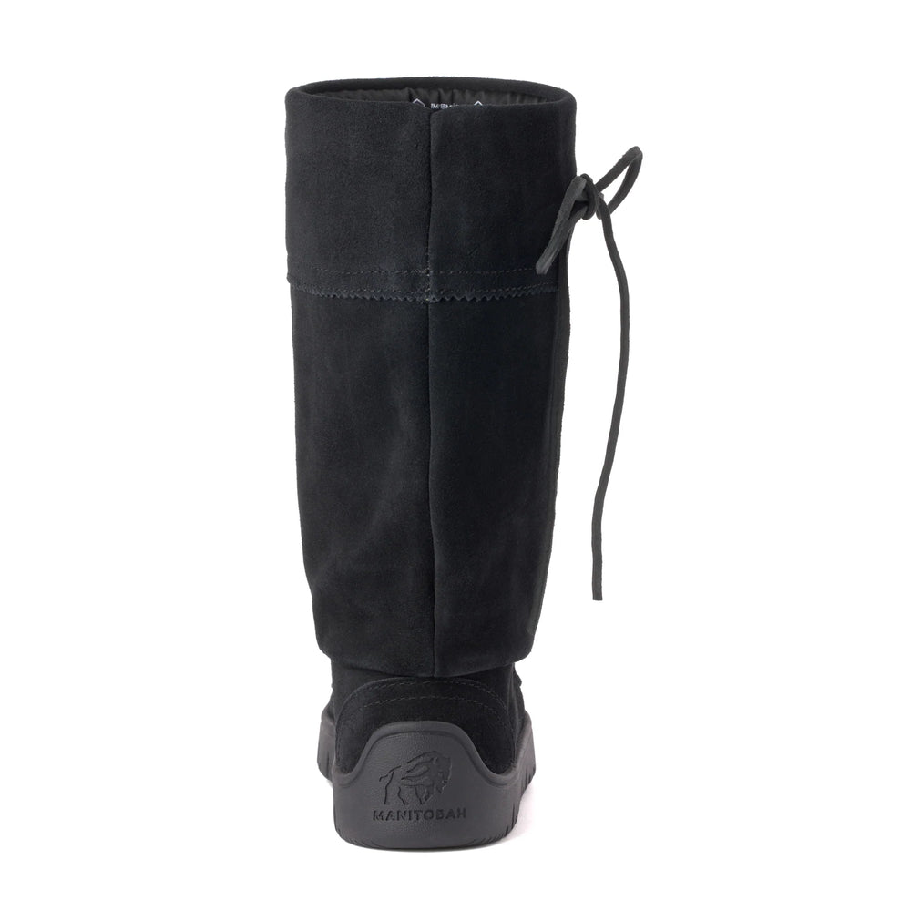 Black suede boot viewed from the back, featuring a tie string and embossed logo on the sole.