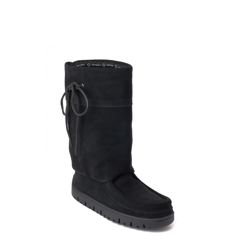 Black suede boot with a flat, ridged sole. Tall shaft features black laces.