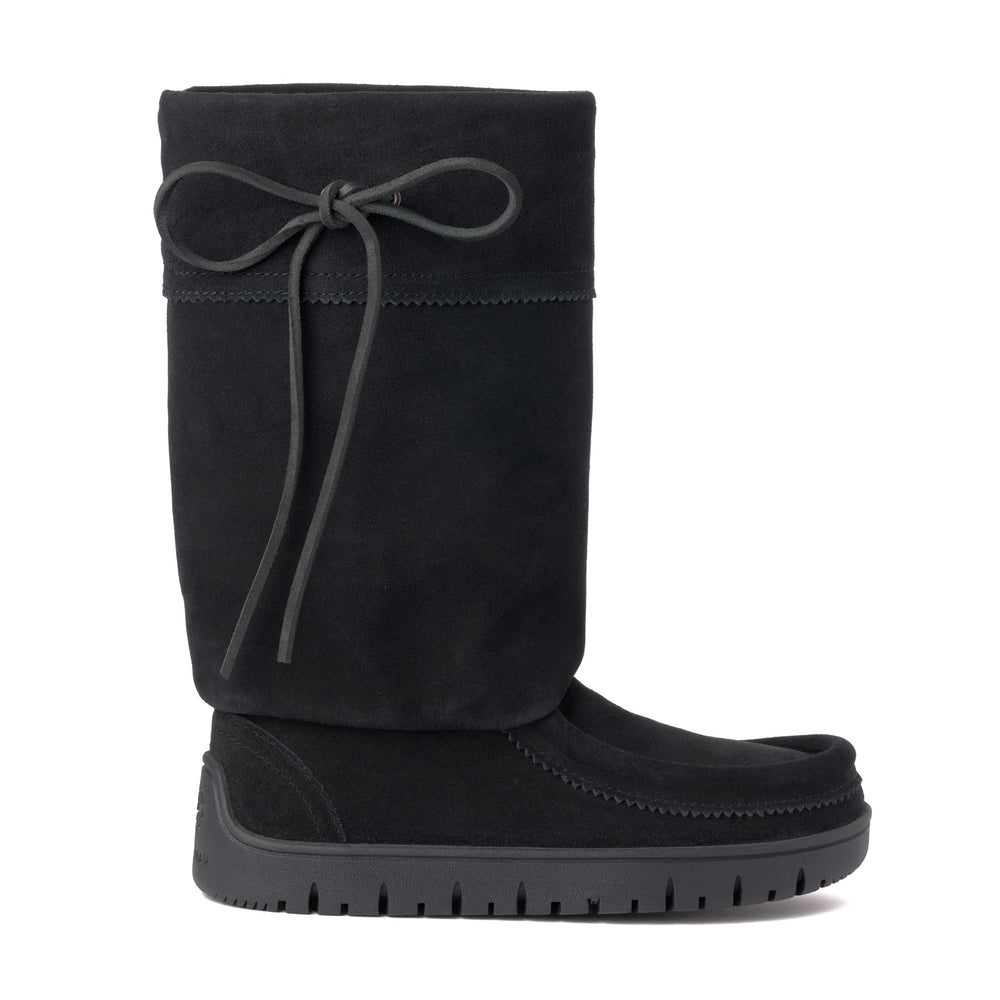 Black suede boot with a flat, ridged sole. Tall shaft features green lace detailing at the top.
