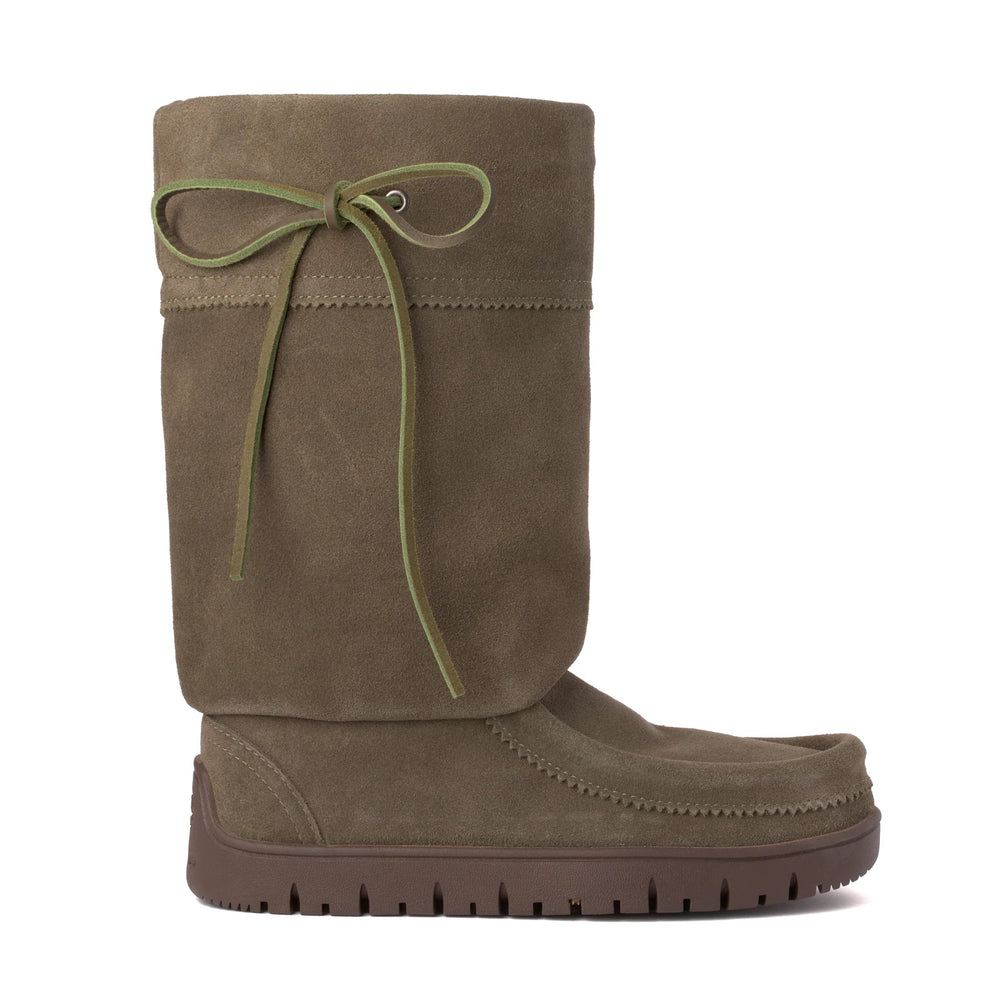 Dark olive suede boot with a flat, ridged sole. Tall shaft features green lace detailing at the top.