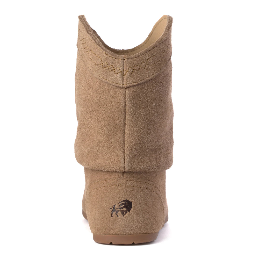 Tan boot with a brand logo on a white background