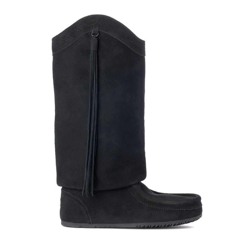 Black tall boot with a strap on a white background
