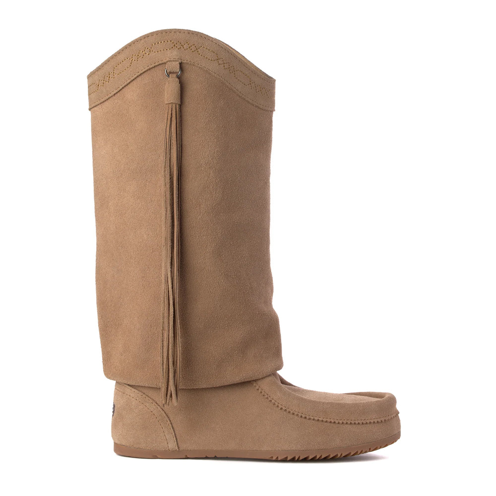 Tan suede boot with fringes on a white background