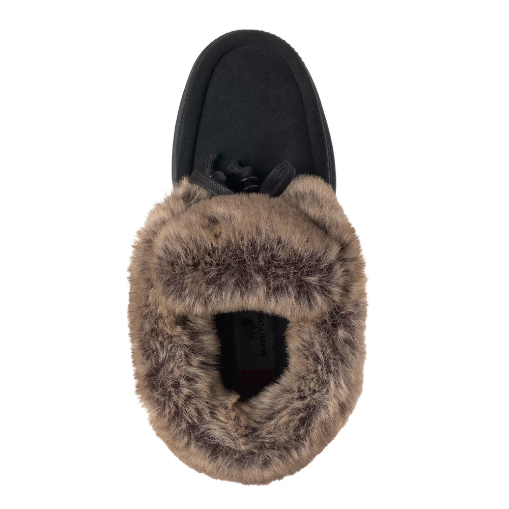 Black mukluk boot with a thick, soft brown faux fur lining around the opening