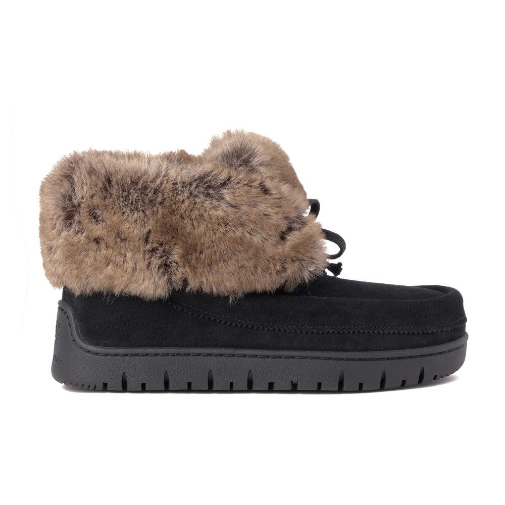Black mukluk with fluffy brown fur trim, featuring sturdy black rubber sole.