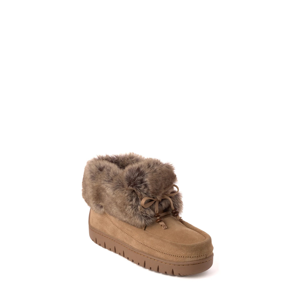 Oak ankle mukluk with a thick, soft, brown faux fur cuff and a decorative bow. The boot has a chunky, textured rubber sole, ideal for winter.