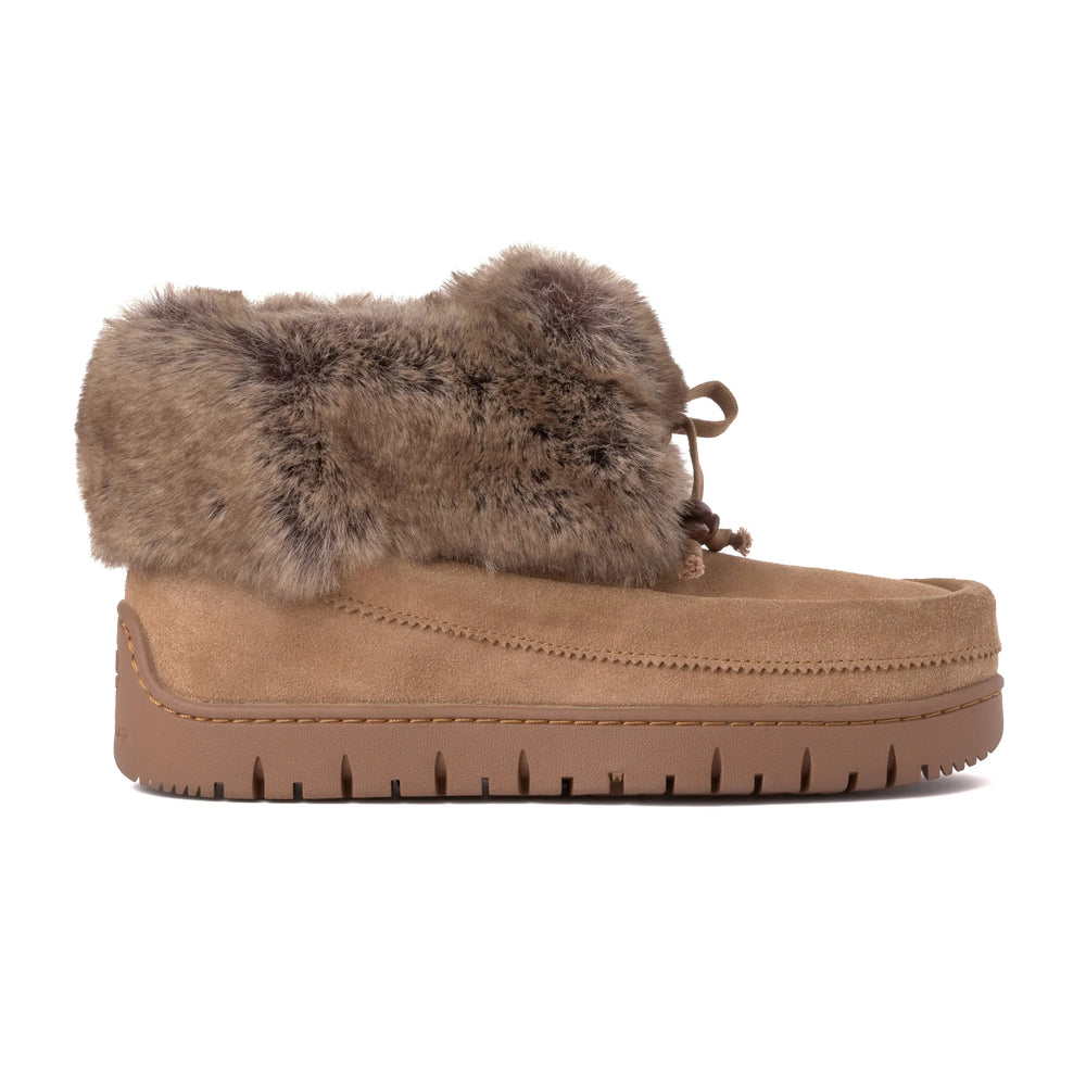 Oak mukluk with fluffy brown fur trim, featuring sturdy brown rubber sole.