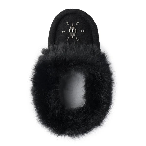 Black slipper with plush fur trim and a beaded snowflake design on the toe.