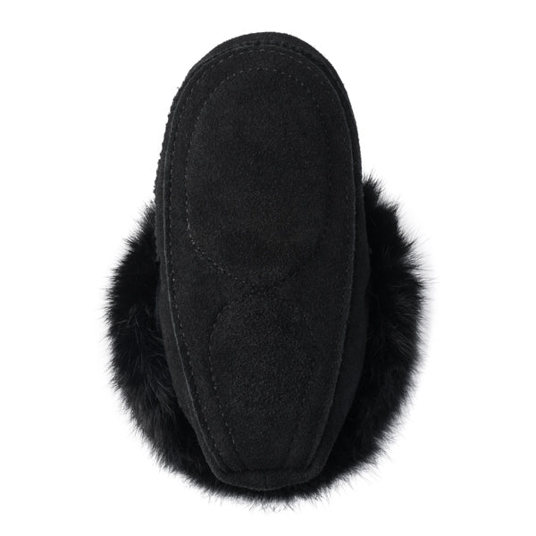 Black suede slipper with a fluffy fur lining is shown from above, featuring a stitched sole.