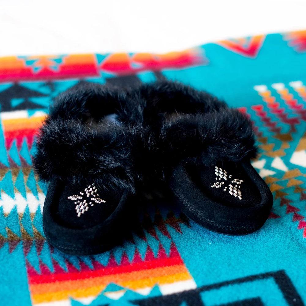 Black fur slippers with bead embellishments rest on a vibrant, multicolored geometric-patterned blanket