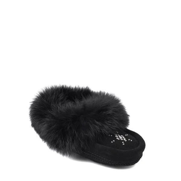 Black fur-lined slipper with fluffy trim and beading embellishments on the insole
