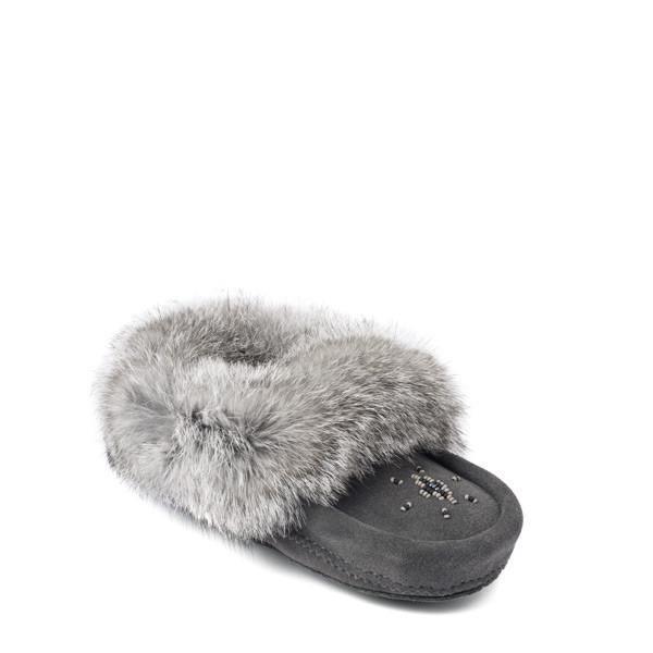 Charcoal fur-lined slipper with fluffy trim and beading embellishments on the insole