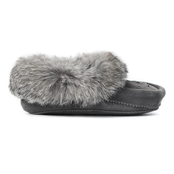 Charcoal suede moccasin with a plush fur lining and bead embellishments on top. 