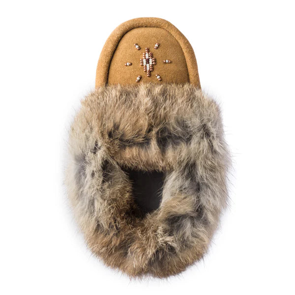 Oak slipper with plush fur trim and a beaded snowflake design on the toe.