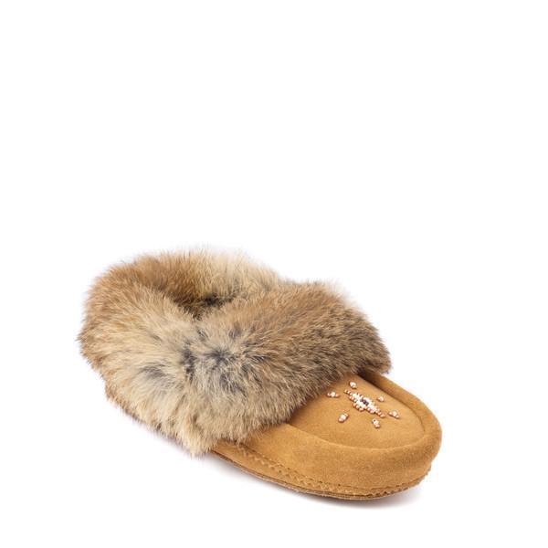 Oak fur-lined slipper with fluffy trim and beading embellishments on the insole