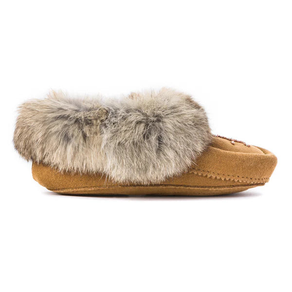 Oak suede moccasin with a plush fur lining and bead embellishments on top. 