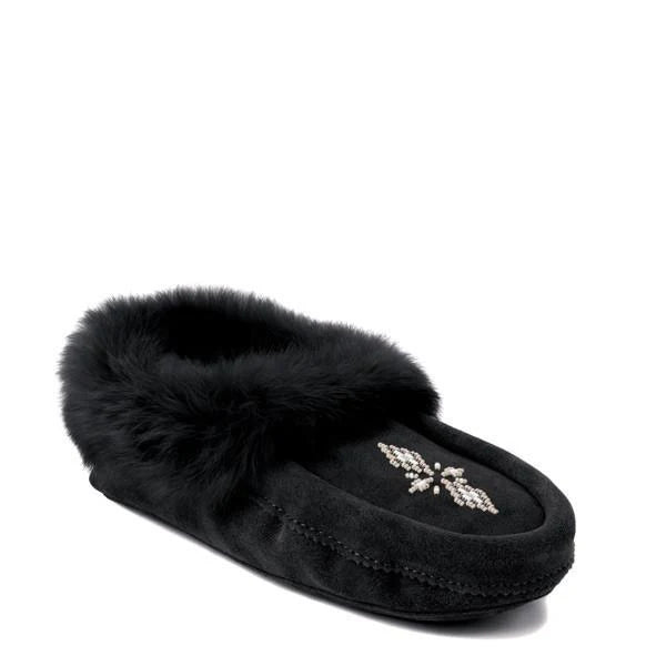 A black moccasin slipper with a fluffy fur lining and a beaded snowflake design on top