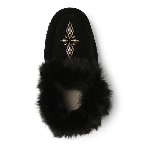 Black moccasin slipper with fur trim, featuring intricate beadwork in a symmetrical pattern on the upper part.