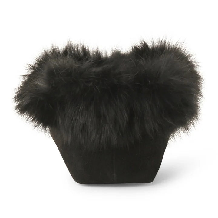 Black suede moccasin with soft fur trim on the top.