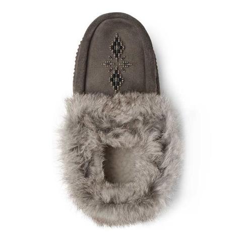 Charcoal moccasin slipper with fur trim, featuring intricate beadwork in a symmetrical pattern on the upper part.