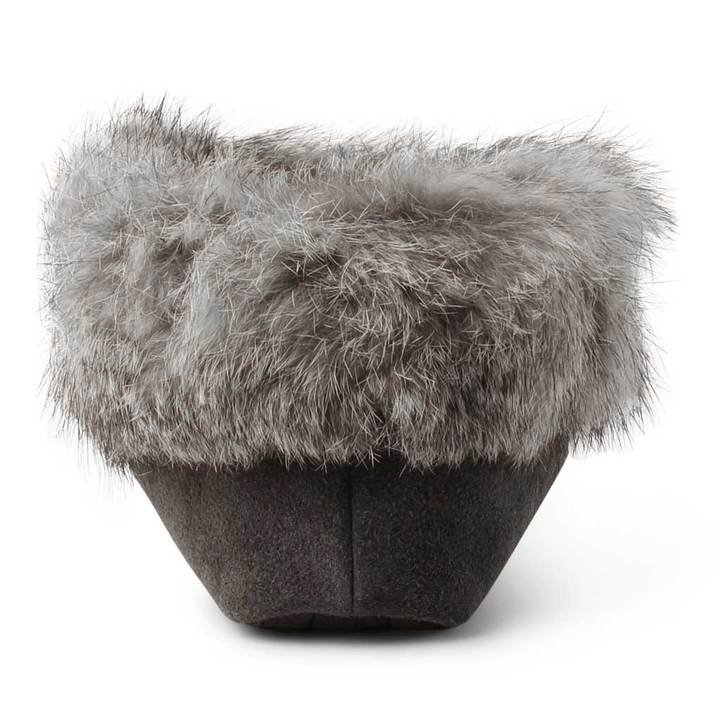 Charcoal suede moccasin with soft fur trim on the top.
