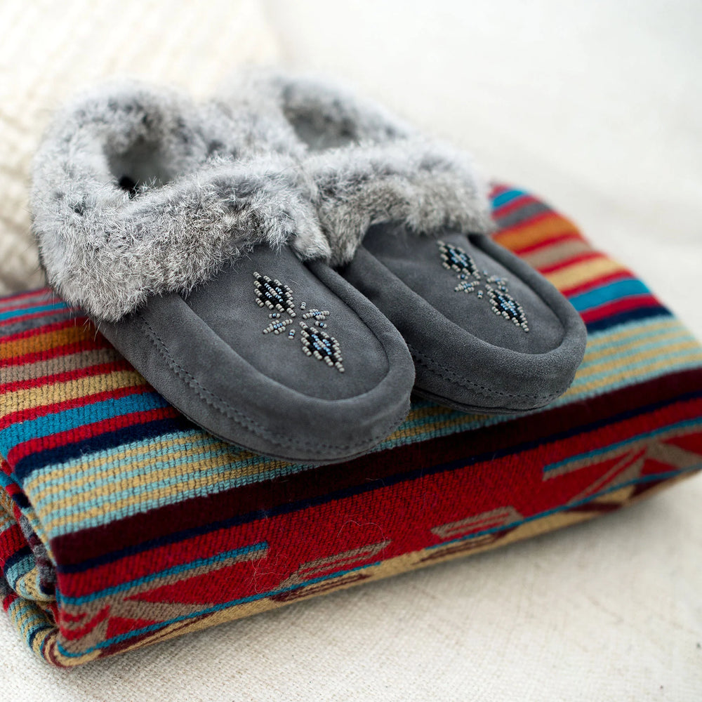 Cozy gray slippers with fur lining and bead detailing rest on a colorful, patterned blanket