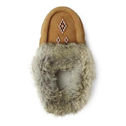 Oak moccasin slipper with fur trim, featuring intricate beadwork in a symmetrical pattern on the upper part.