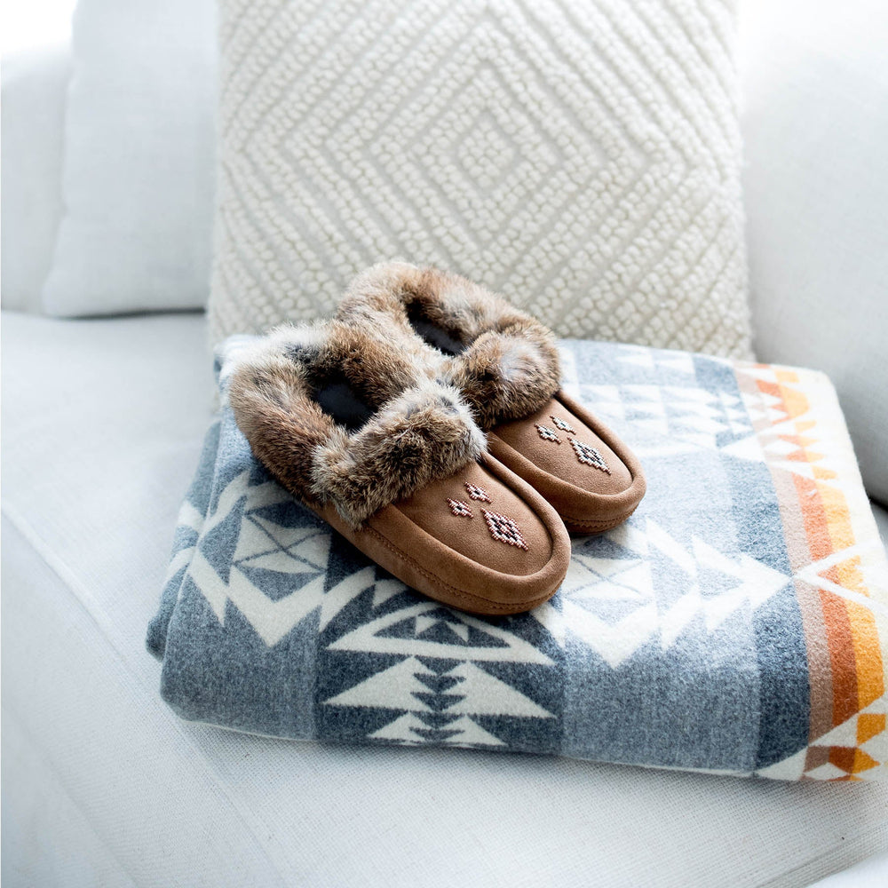 Cozy brown slippers with fur trim rest on a patterned blanket, over a white textured pillow. The scene evokes warmth and comfort.