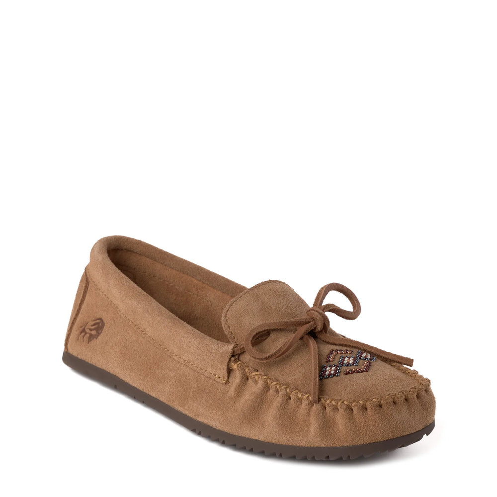 Brown moccasin slipper on a white background