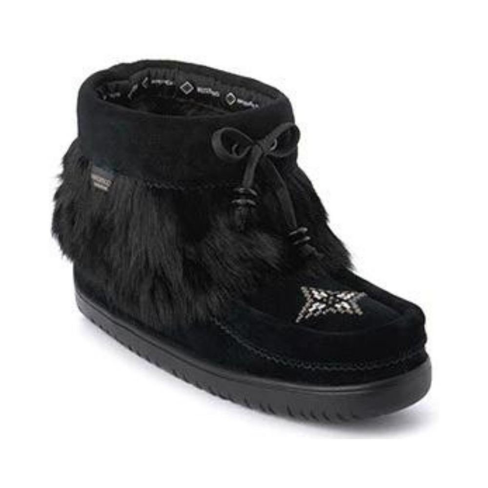 Black suede moccasin with a fur trim and bow detailing. Intricate stitching and beading on toe.