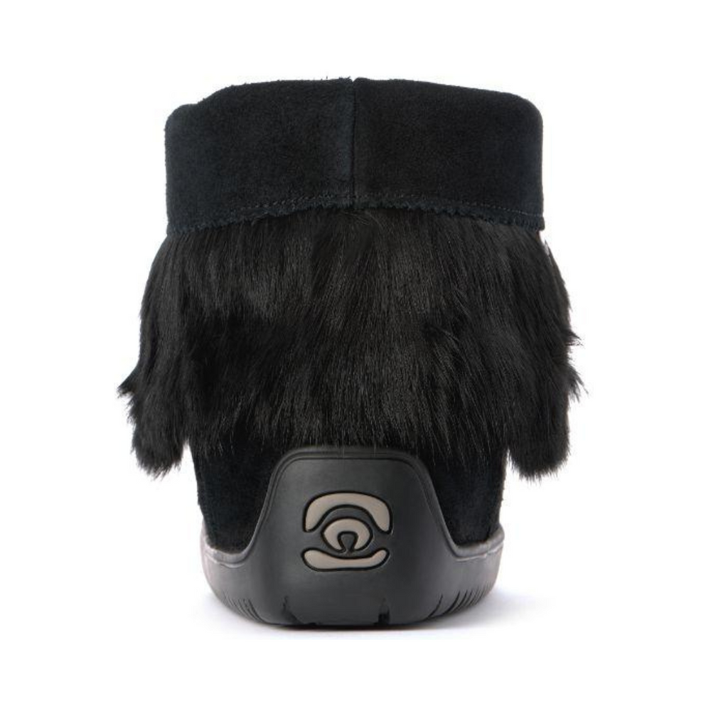 Black suede boot with faux fur trim and a thick sole. The back features a small embossed logo. 