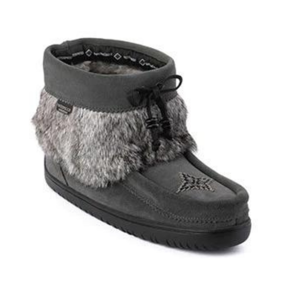 Gray suede moccasin with a fur trim and bow detailing. Intricate stitching and beading on toe.