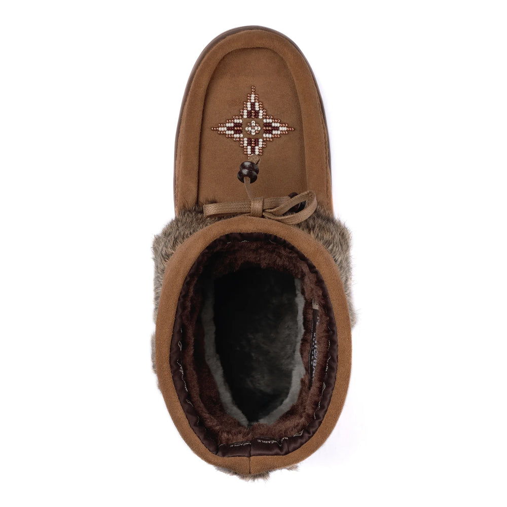 Oak moccasin-style boot viewed from above, featuring a beaded geometric pattern on the toe, brown laces, and fluffy fur lining.