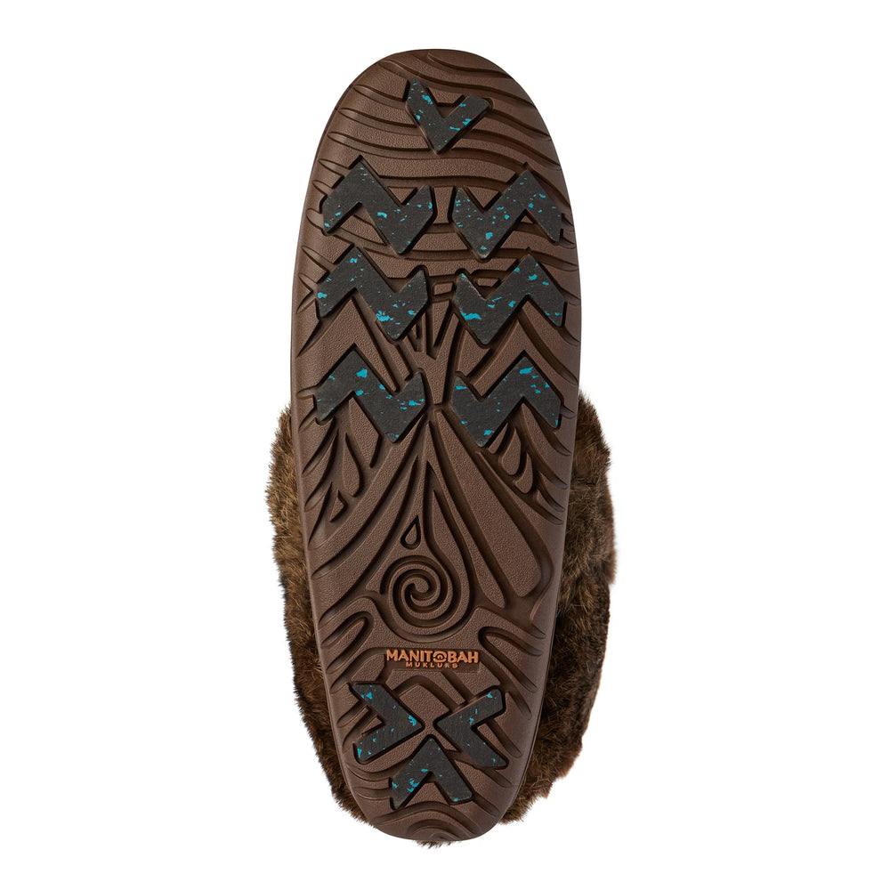 Brown boot sole with intricate patterns and turquoise speckles. The brand "MANITOBAH" is visible in the center.